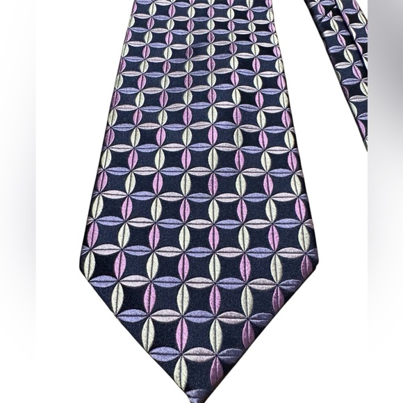 Paul Fredrick Purple Navy Geometric Square design 100% Silk Tie - Picture 1 of 8